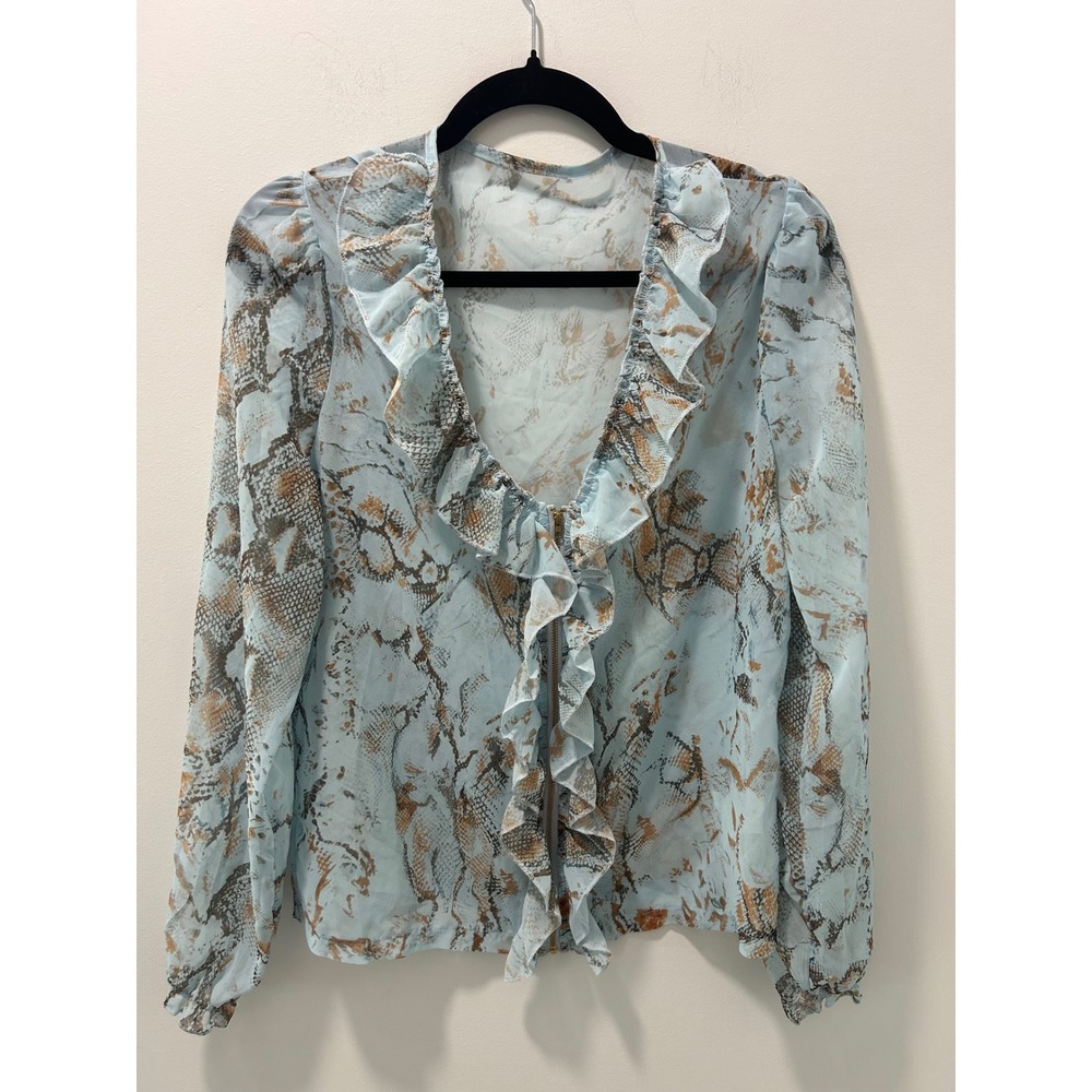 Blue Snakeskin Print Ruffle V-Neck Zip Front Sheer Blouse Medium